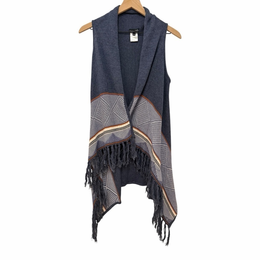 Y2K Boho Indie Fringe Open Front Vest Blue Gray Layering Indie Festival Small - Picture 2 of 7